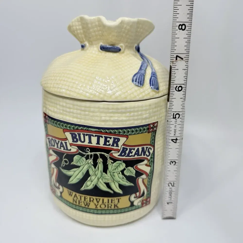Vtg Large Hearth Burlap Sack Kitchen Canister Jar 1988 Royal Butter Beans 8.5